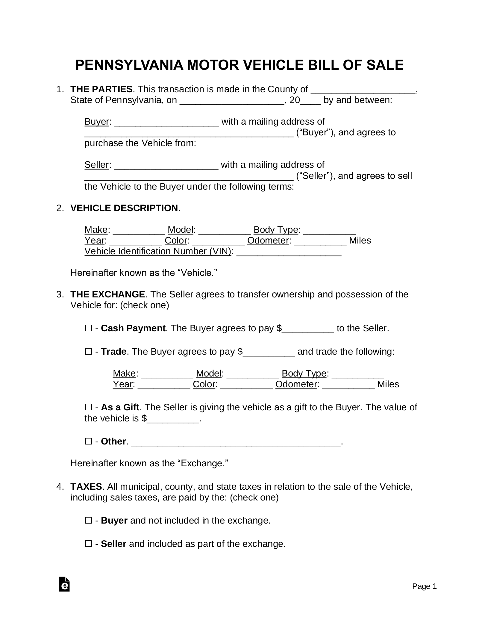 Free Pennsylvania Motor Vehicle Bill Of Sale Form PDF Word 