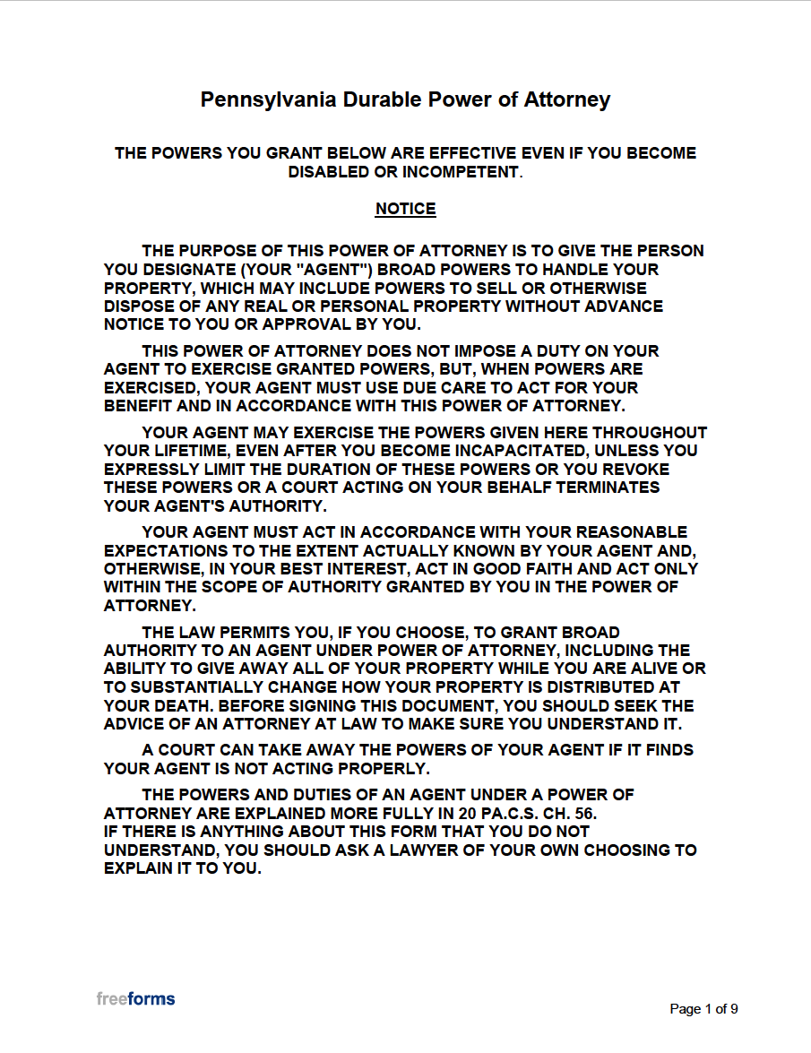 Free Pennsylvania Power Of Attorney Forms PDF Word