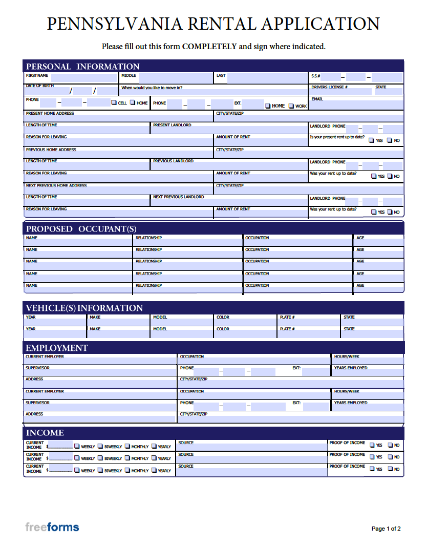 Free Pennsylvania Rental Application Form PDF