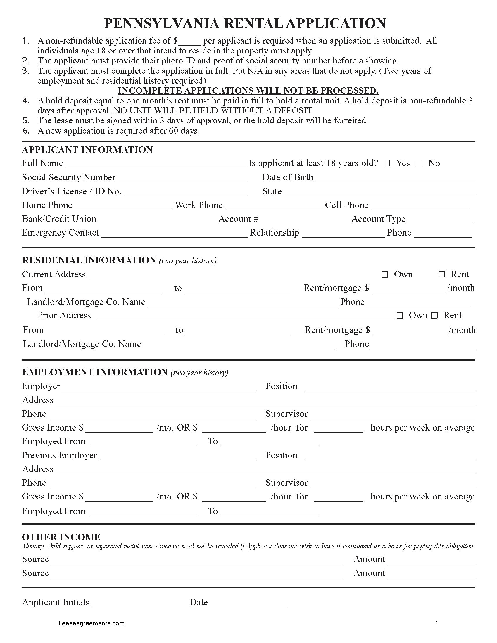 Free Pennsylvania Rental Application Form PDF
