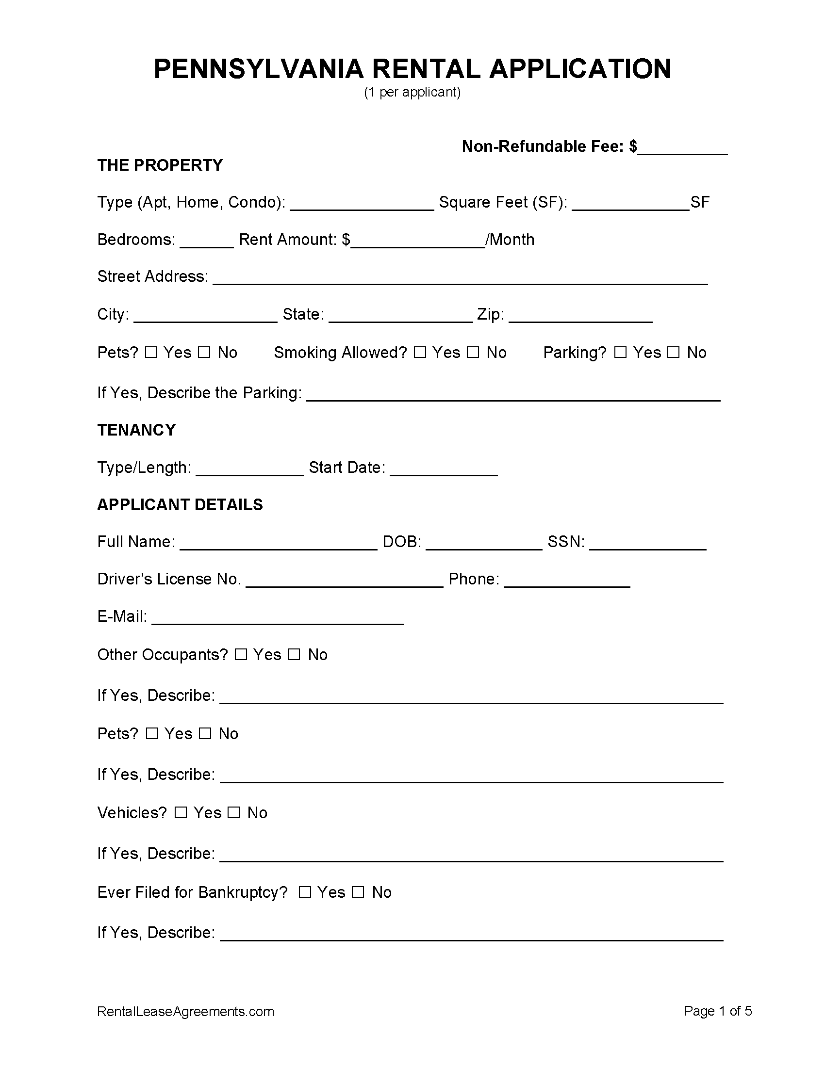 Free Pennsylvania Rental Application PDF MS Word