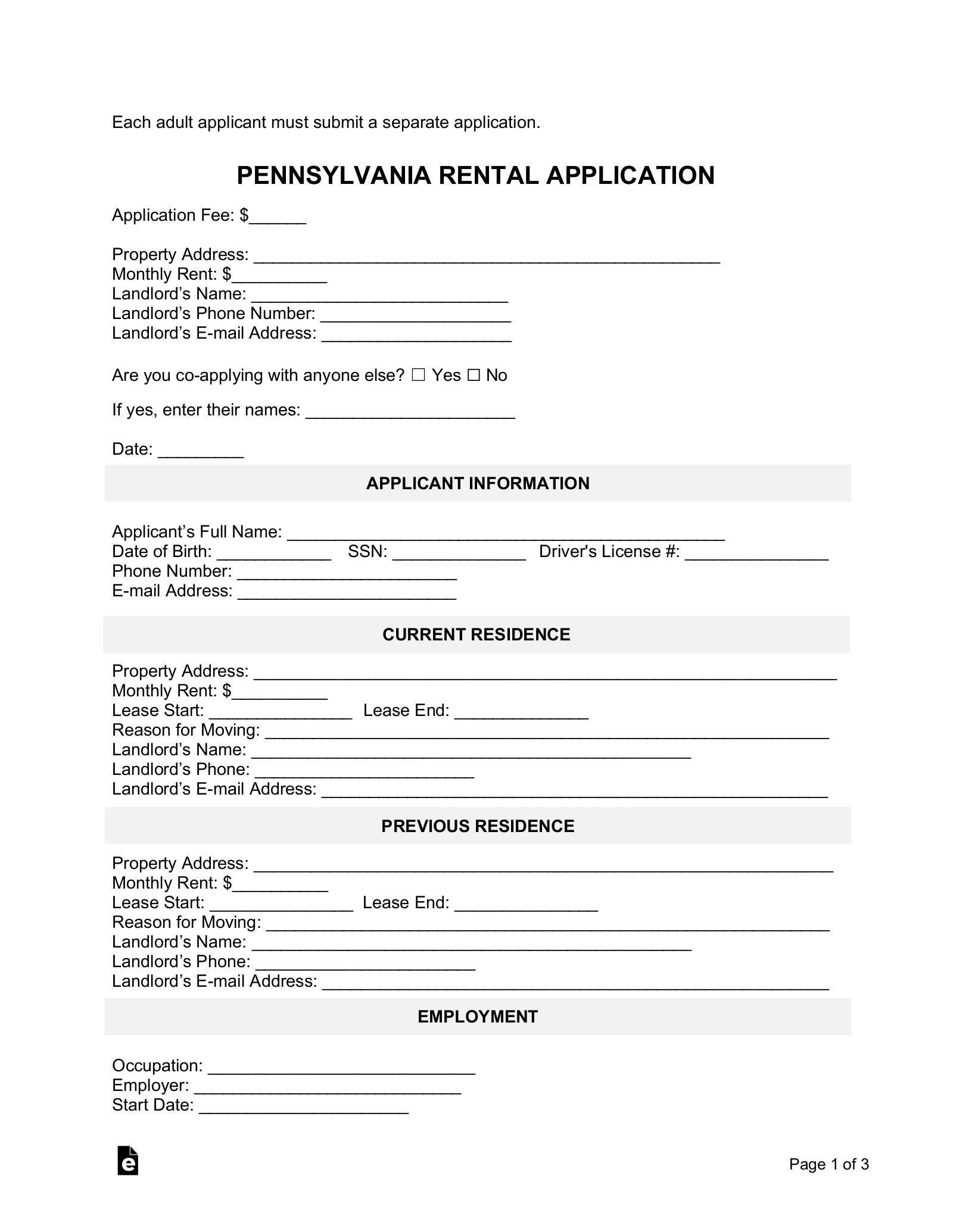 Free Pennsylvania Rental Application Template PDF Word EForms