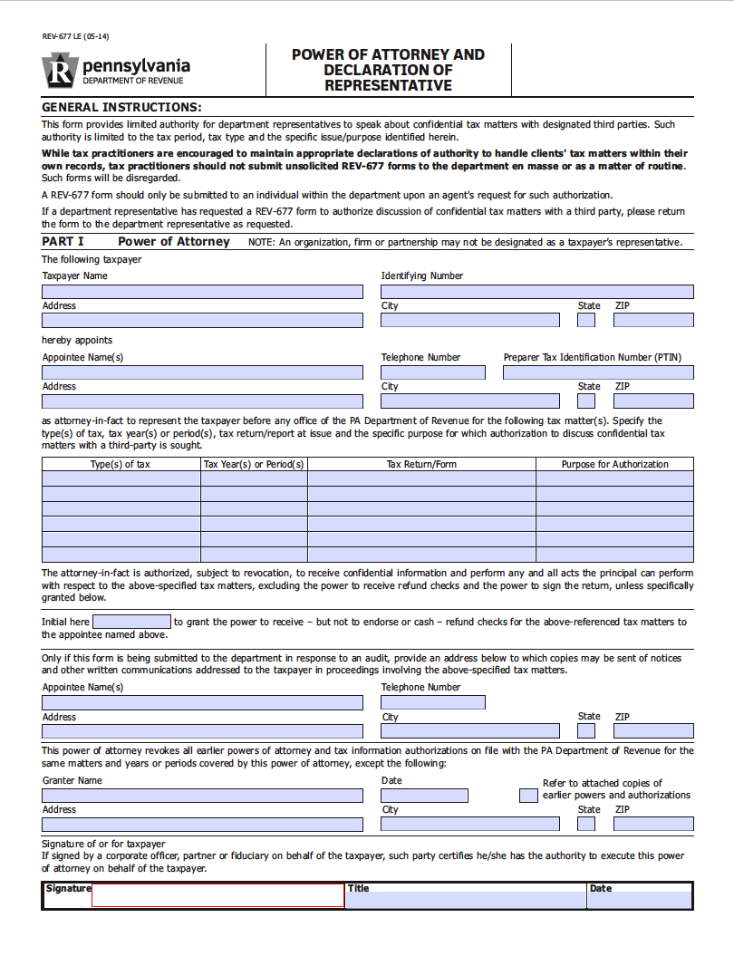Free Pennsylvania Tax Power Of Attorney Form PDF