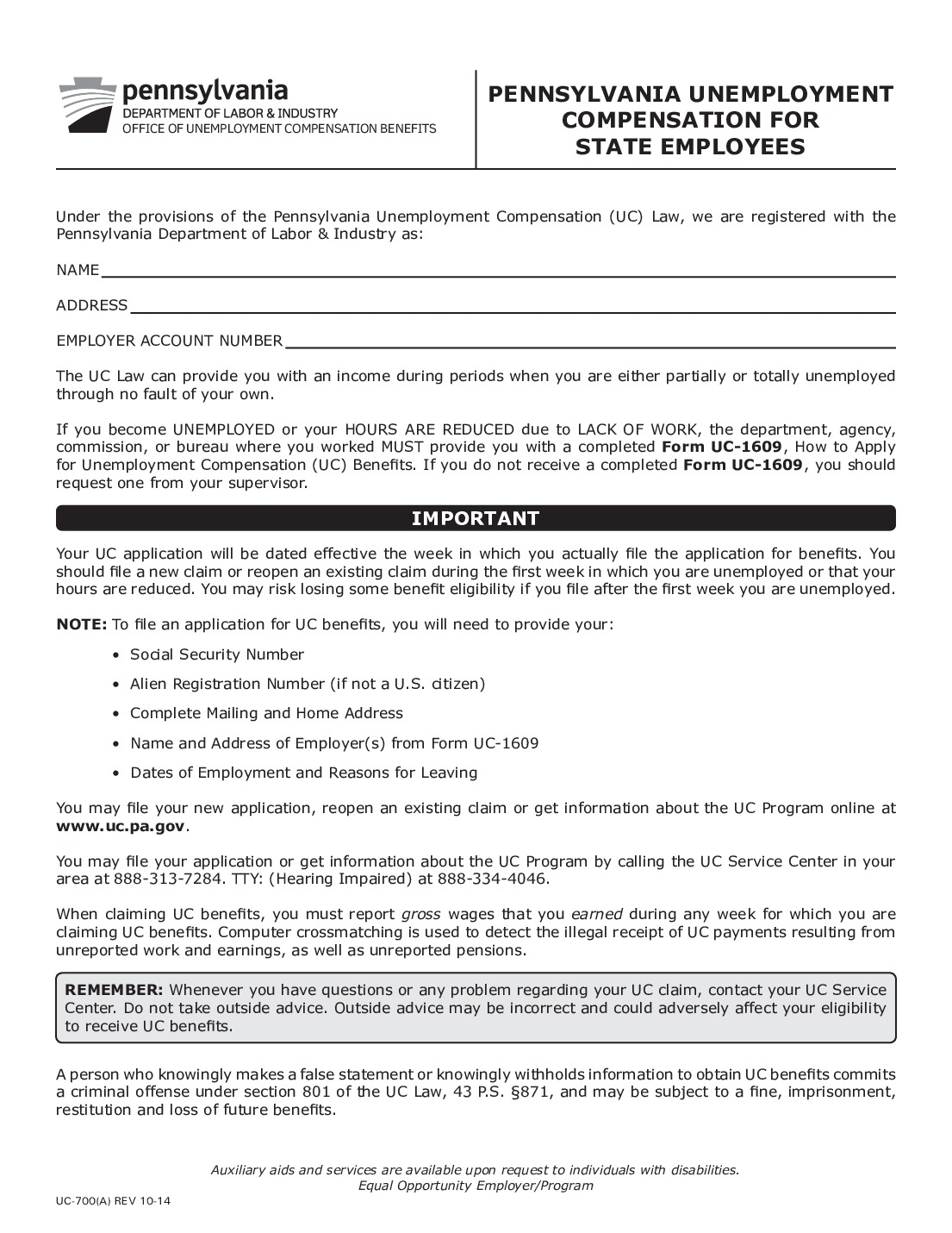 Free Pennsylvania Unemployment Compensation State Employees Labor Law Poster 2025