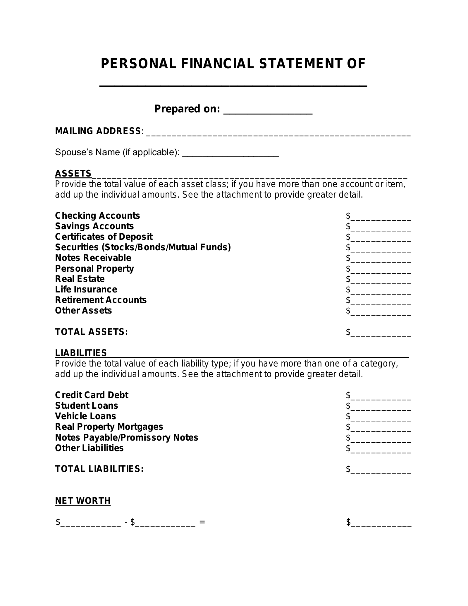 Free Personal Financial Statement Template PDF Word EForms Worksheets Library
