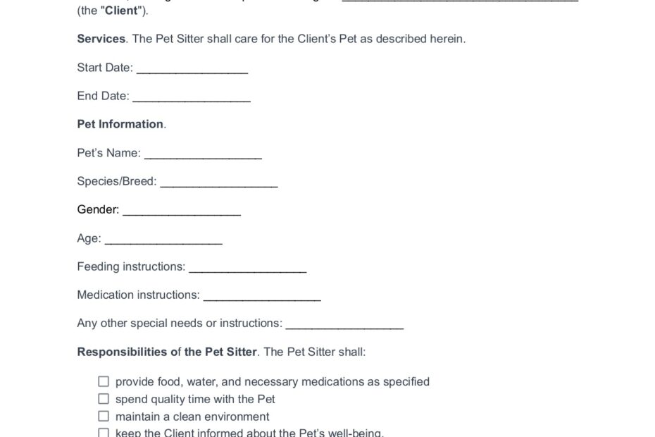 Free Pet Sitting Contract Form Download PDF Lawrina