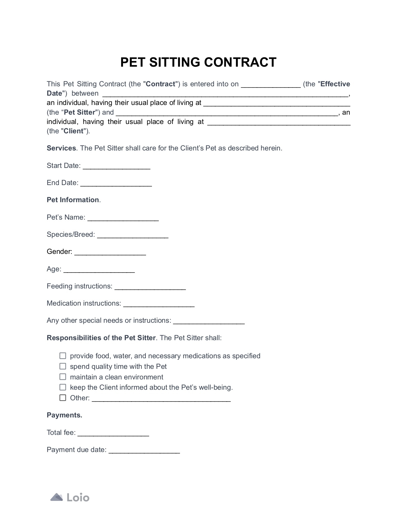 Free Pet Sitting Contract Form Download PDF Lawrina