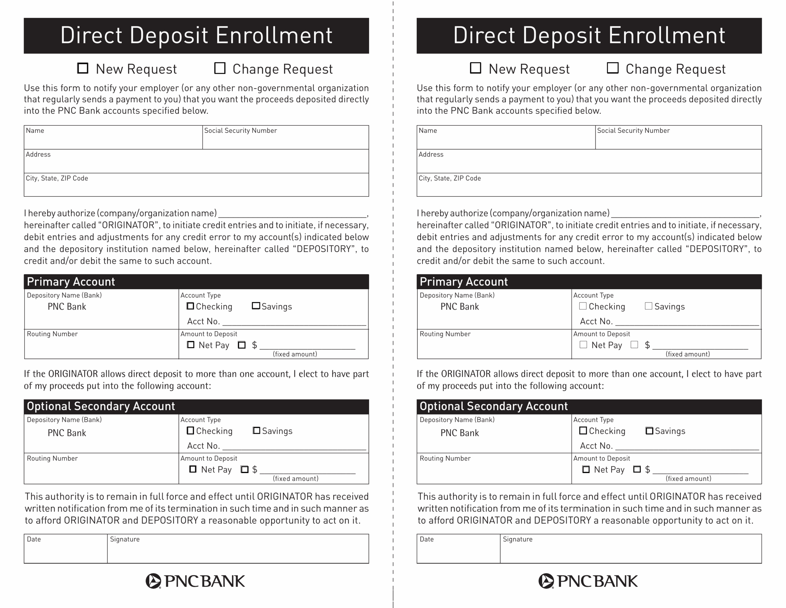 Free PNC Bank Direct Deposit Authorization Form PDF EForms