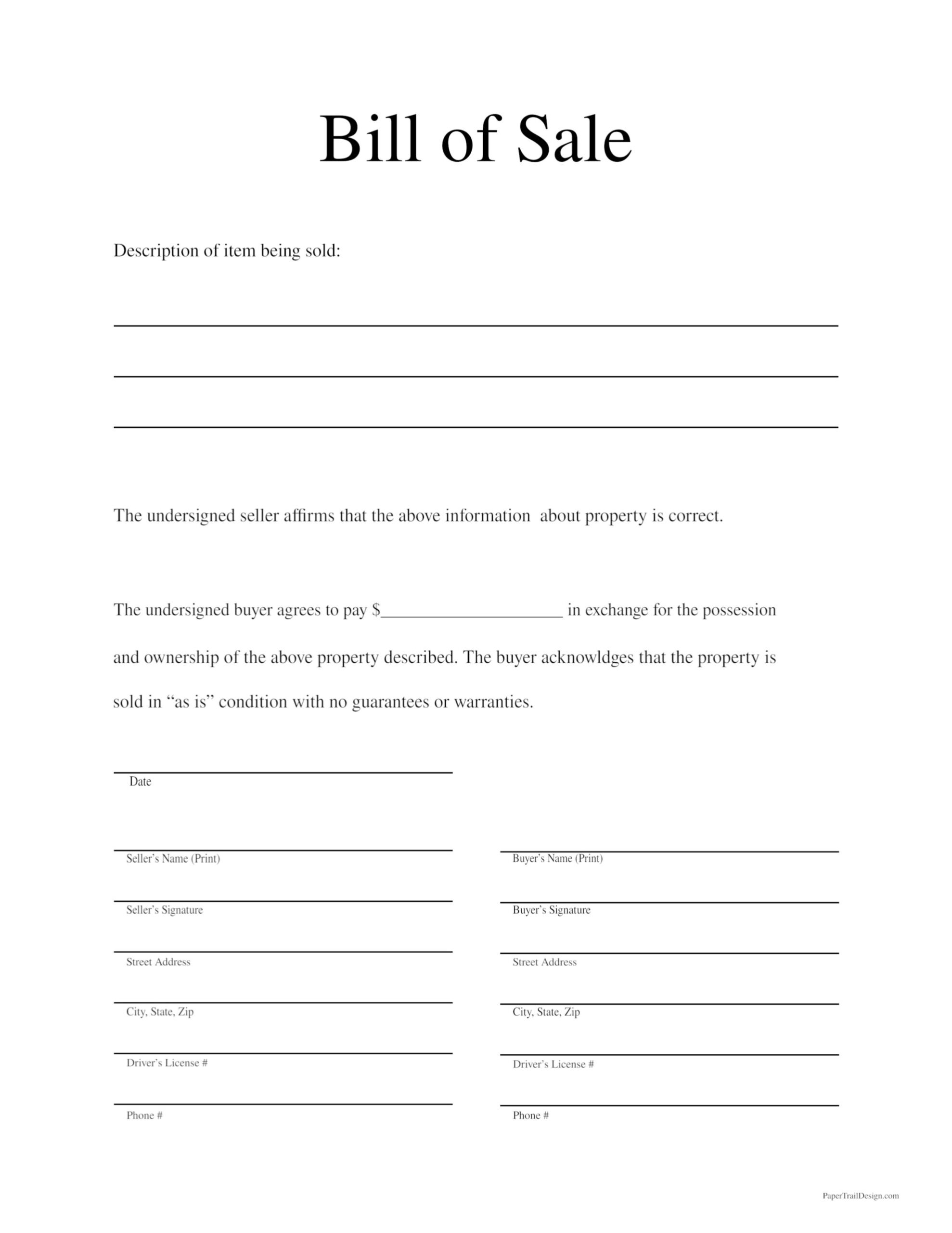 Free Printable Bill Of Sale Template Paper Trail Design