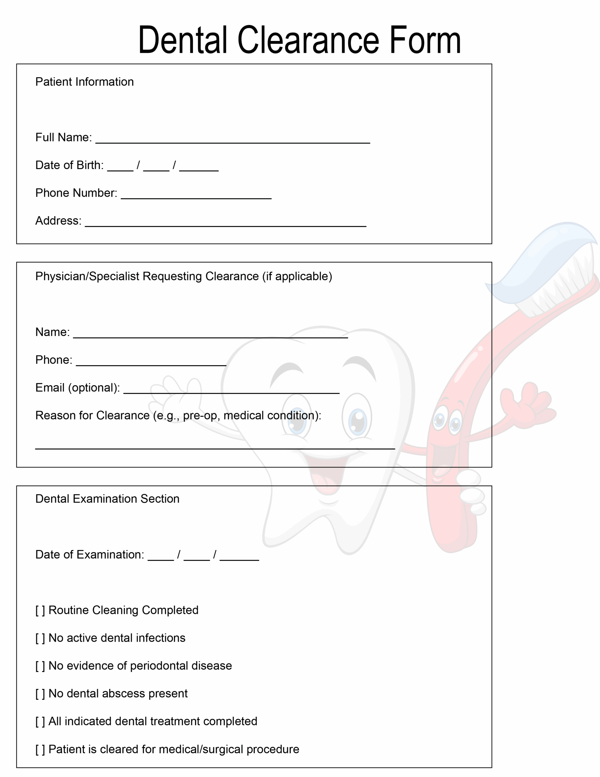 Free Printable Dental Clearance Form Template Printerfriendly