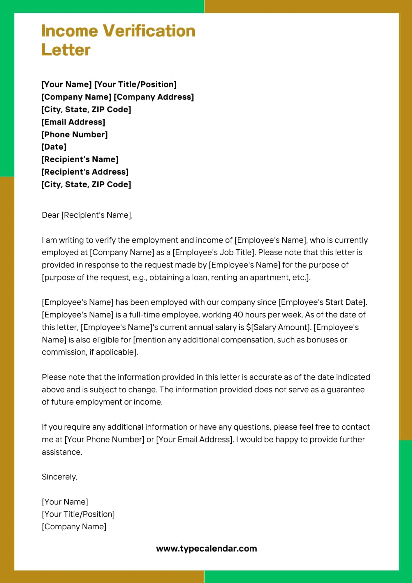 Free Printable Income Verification Letter Templates PDF Word 