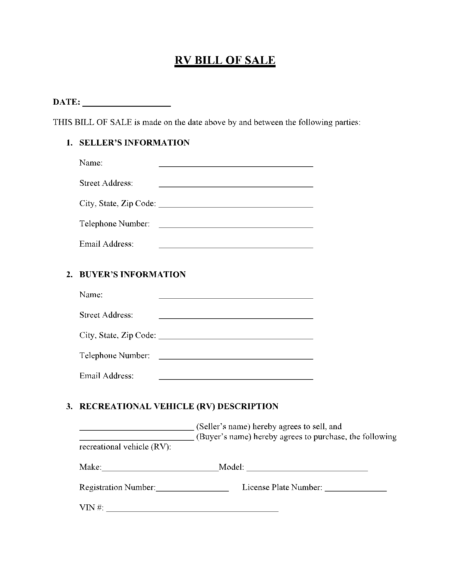 Free Recreational Vehicle RV Bill Of Sale Template CocoSign