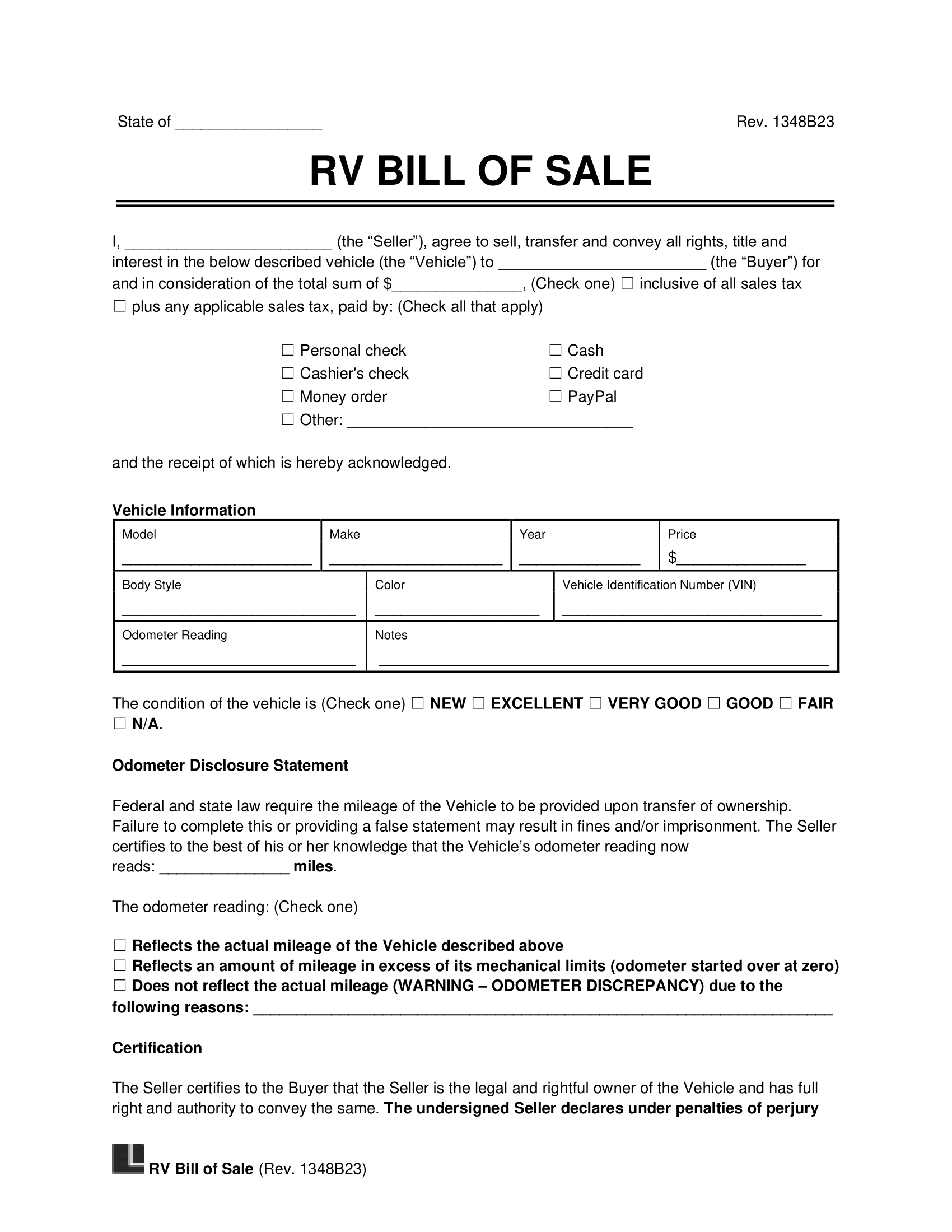 Free Recreational Vehicle RV Bill Of Sale Template PDF U0026 Word