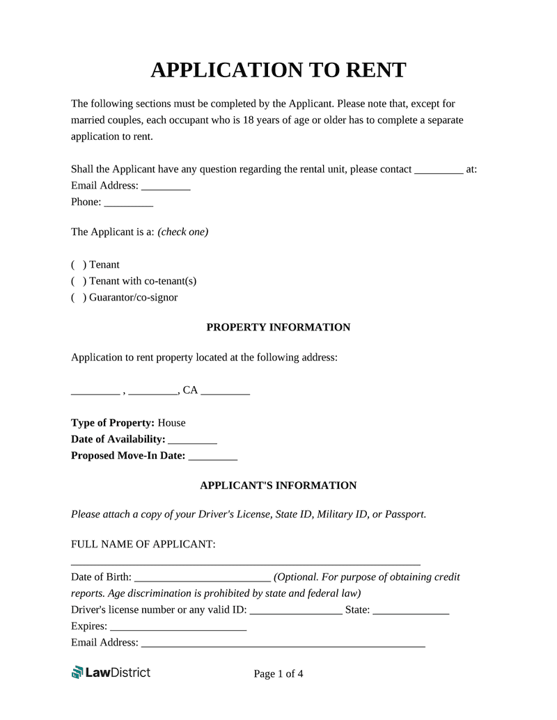 Free Rental Application Form PDF U0026 Word Template LawDistrict Worksheets Library
