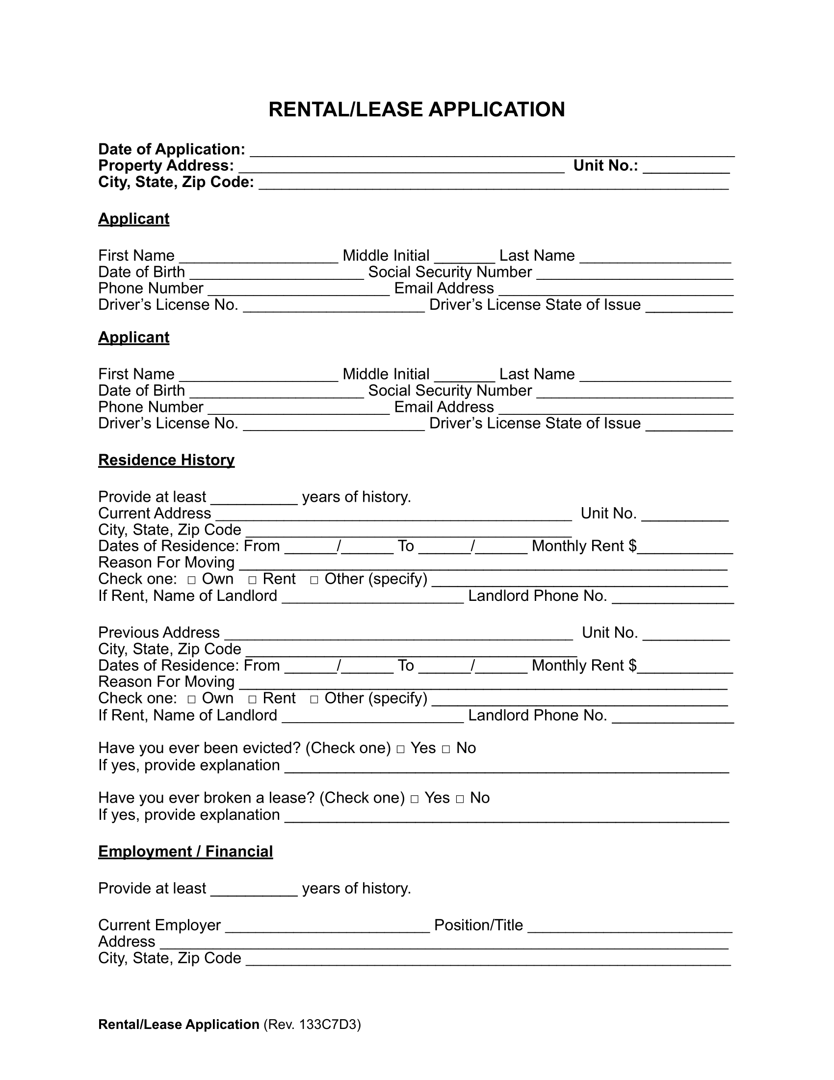 Free Rental Application Form PDF U0026 Word