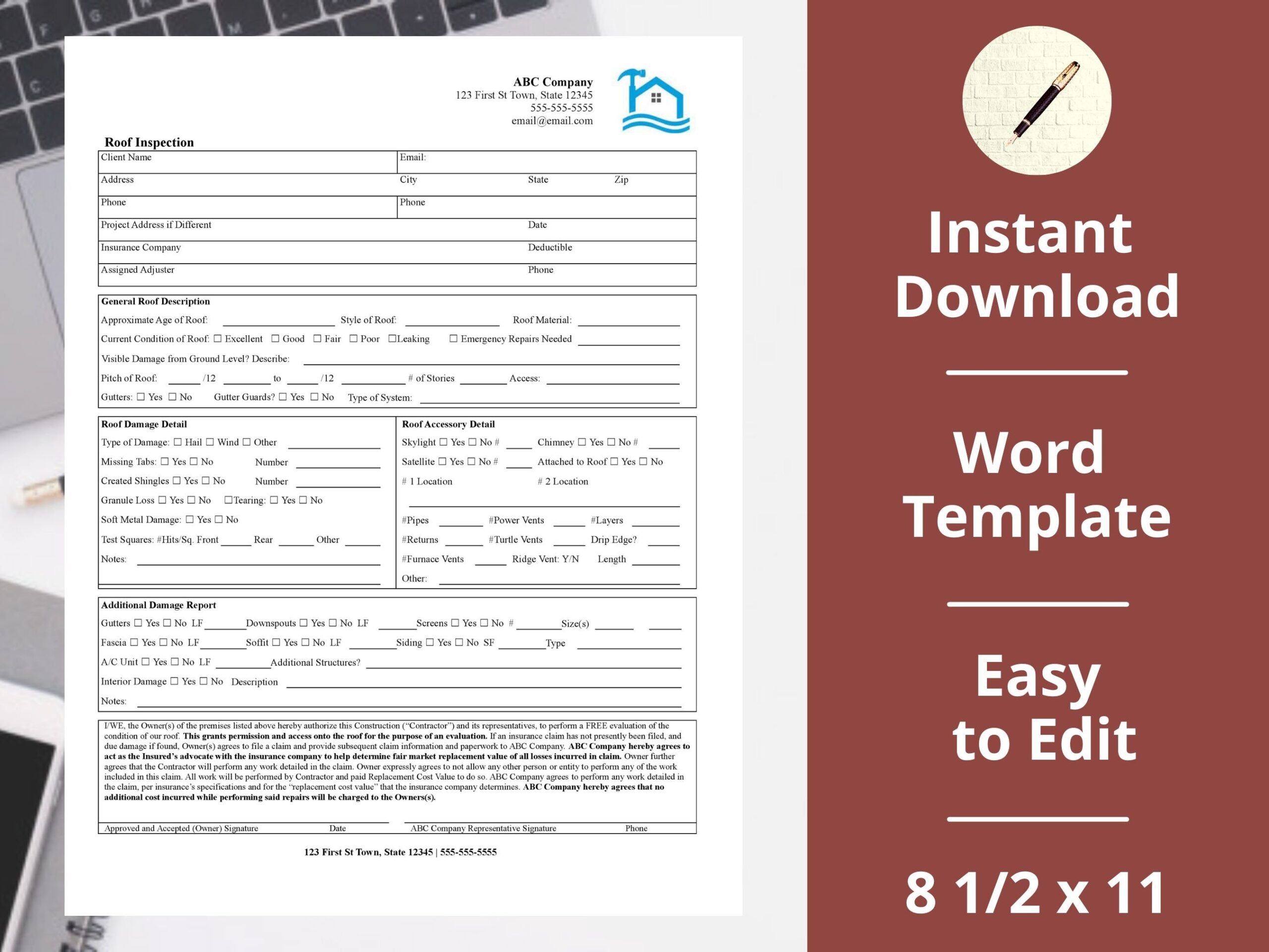 Free Roof Inspection authorization instant Download template roofing Company Word Format Etsy