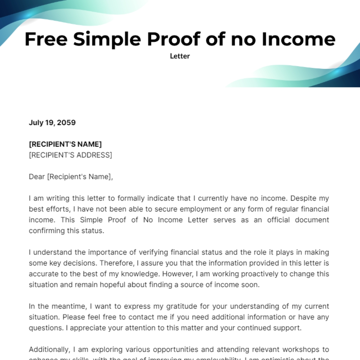 Free Simple Proof Of No Income Letter Template To Edit Online