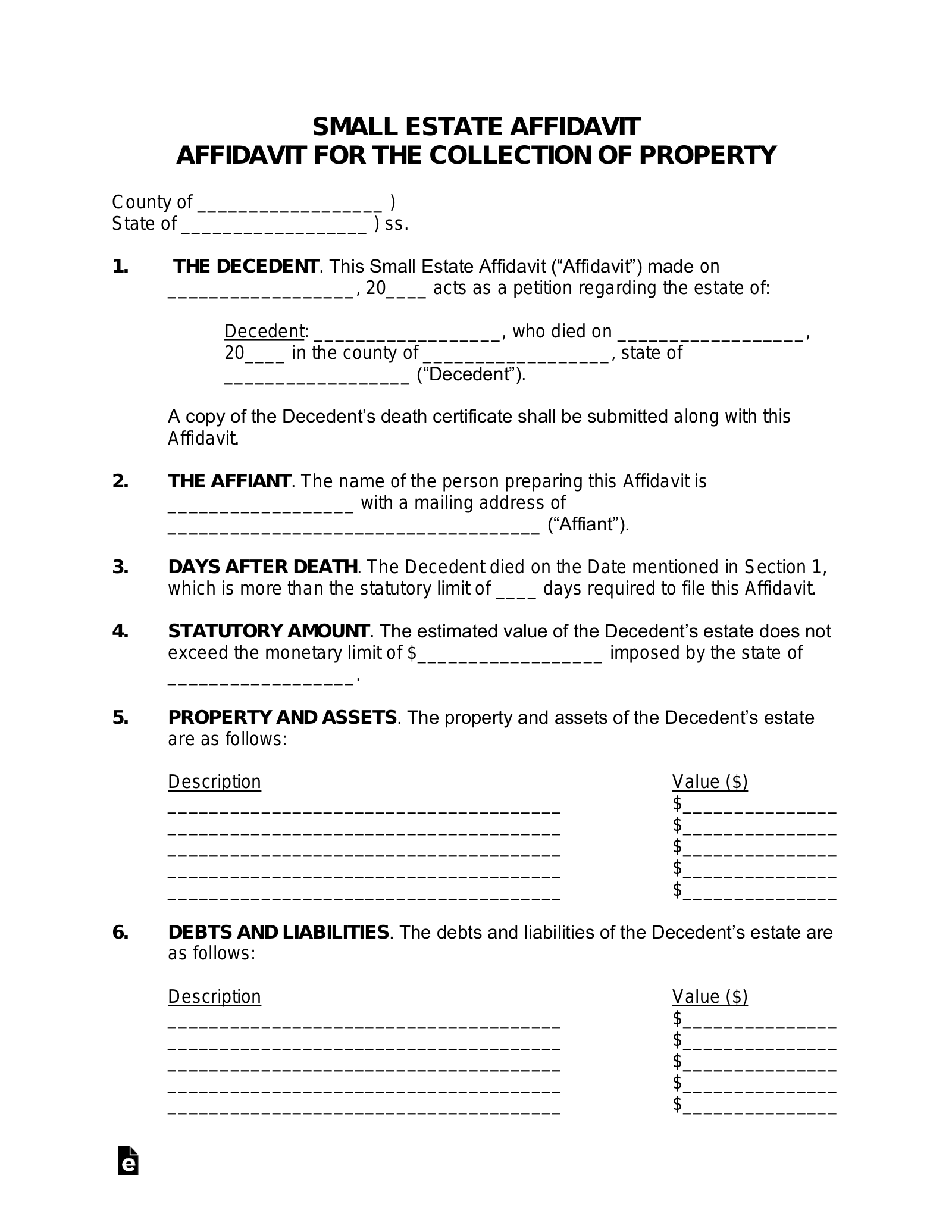 Free Small Estate Affidavit Form PDF Word EForms