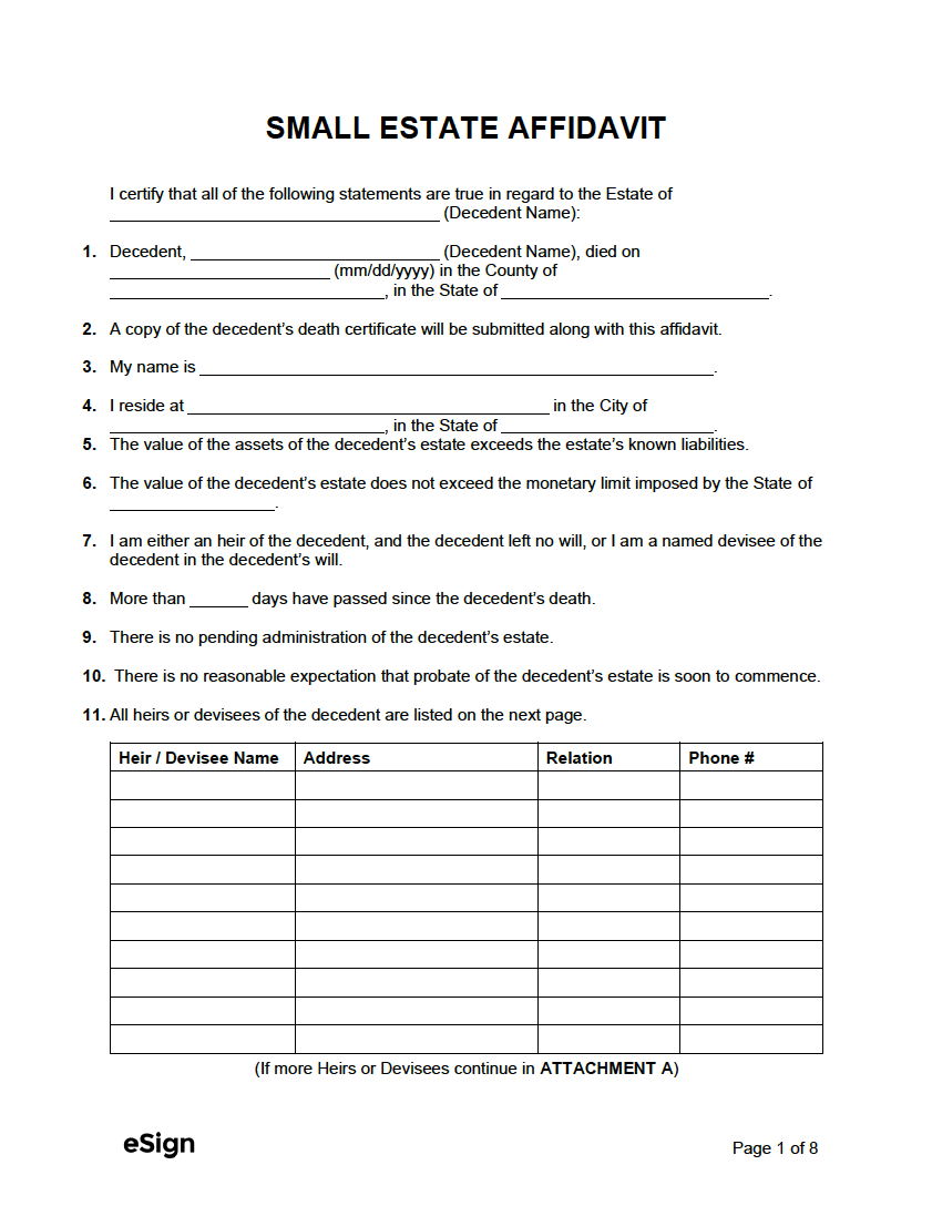 Free Small Estate Affidavit Forms PDF Word