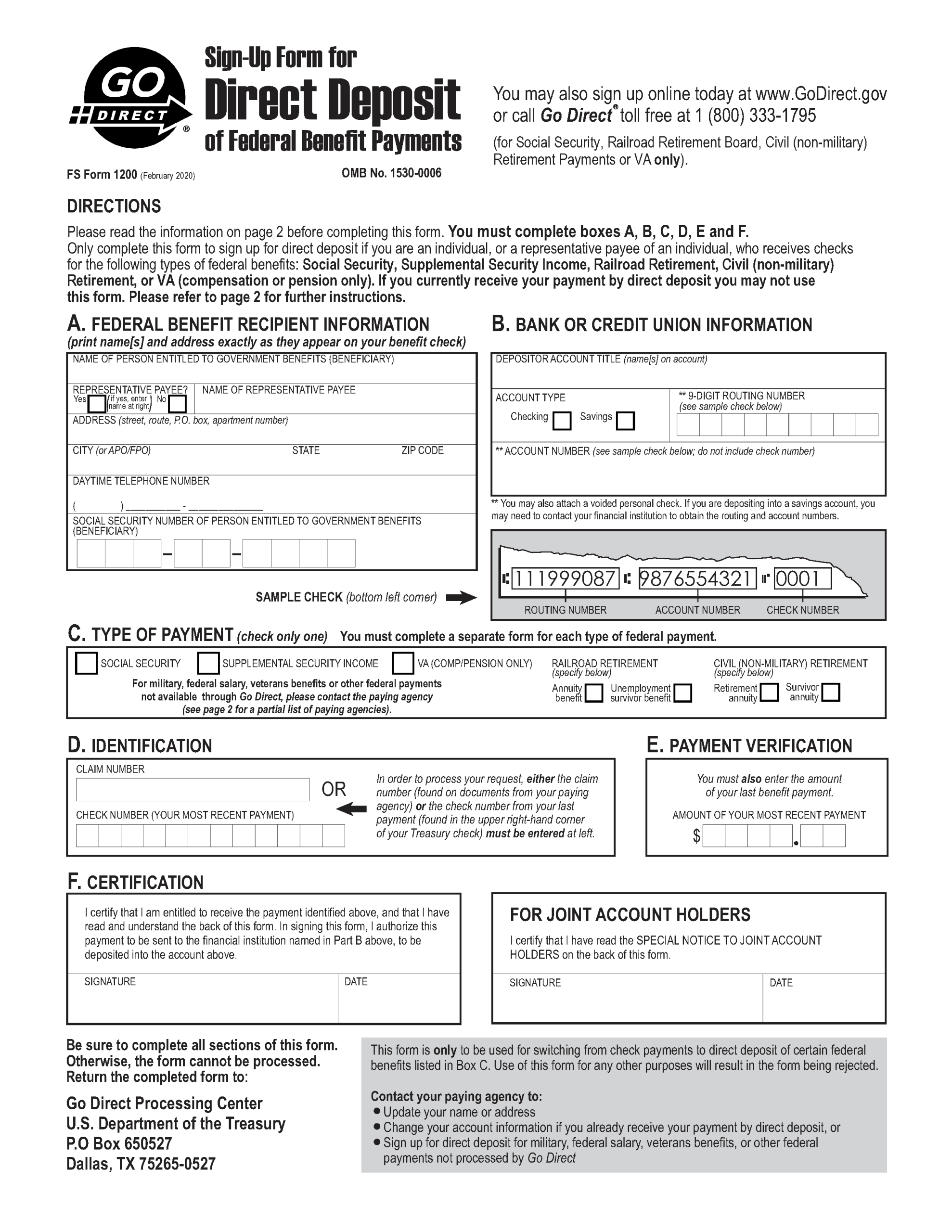 Free Social Security Direct Deposit Authorization Form 1200 PDF