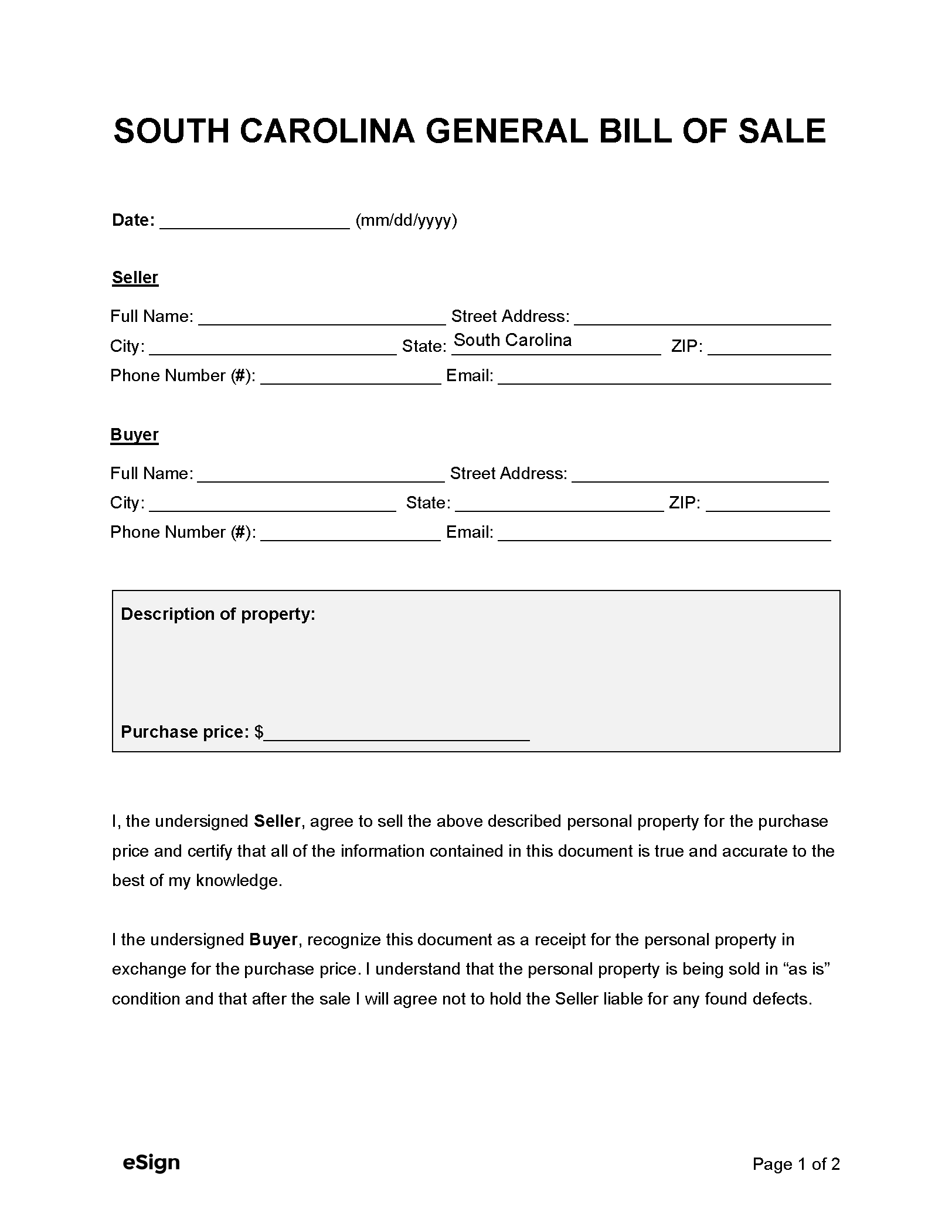 Free South Carolina Bill Of Sale Forms PDF Word