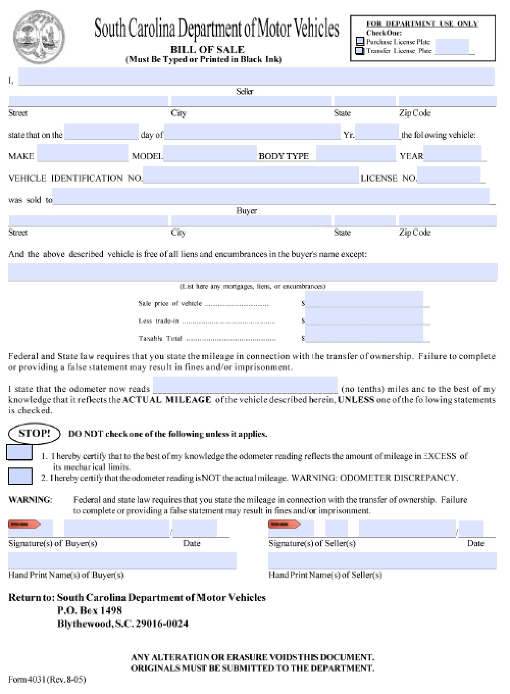Free South Carolina DMV Vehicle Bill Of Sale Form PDF Word doc 