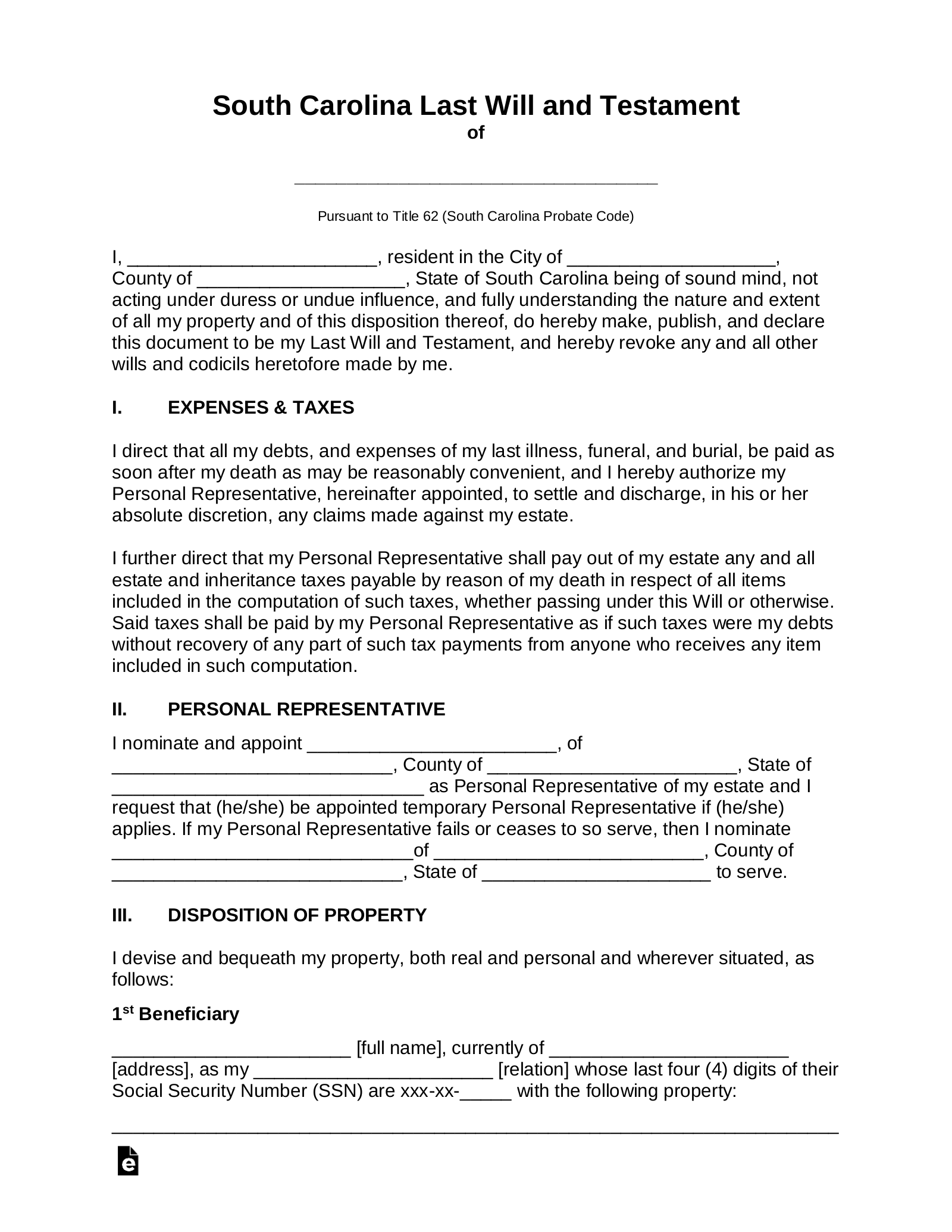 Free South Carolina Last Will And Testament Template PDF Word EForms