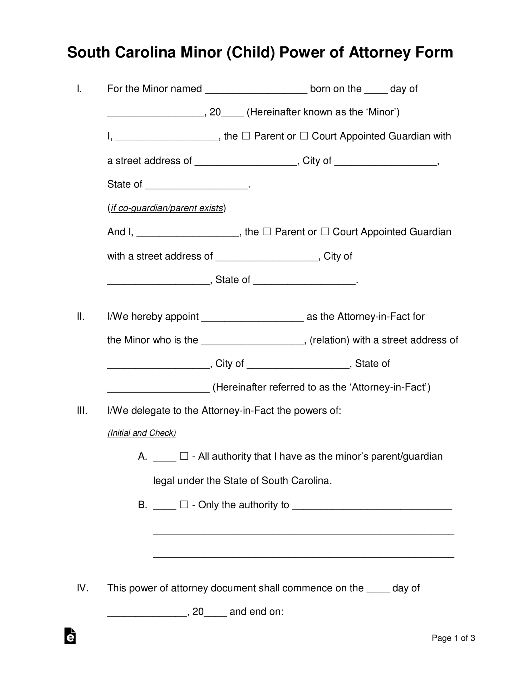 Free South Carolina Minor Power Of Attorney Form PDF Word EForms