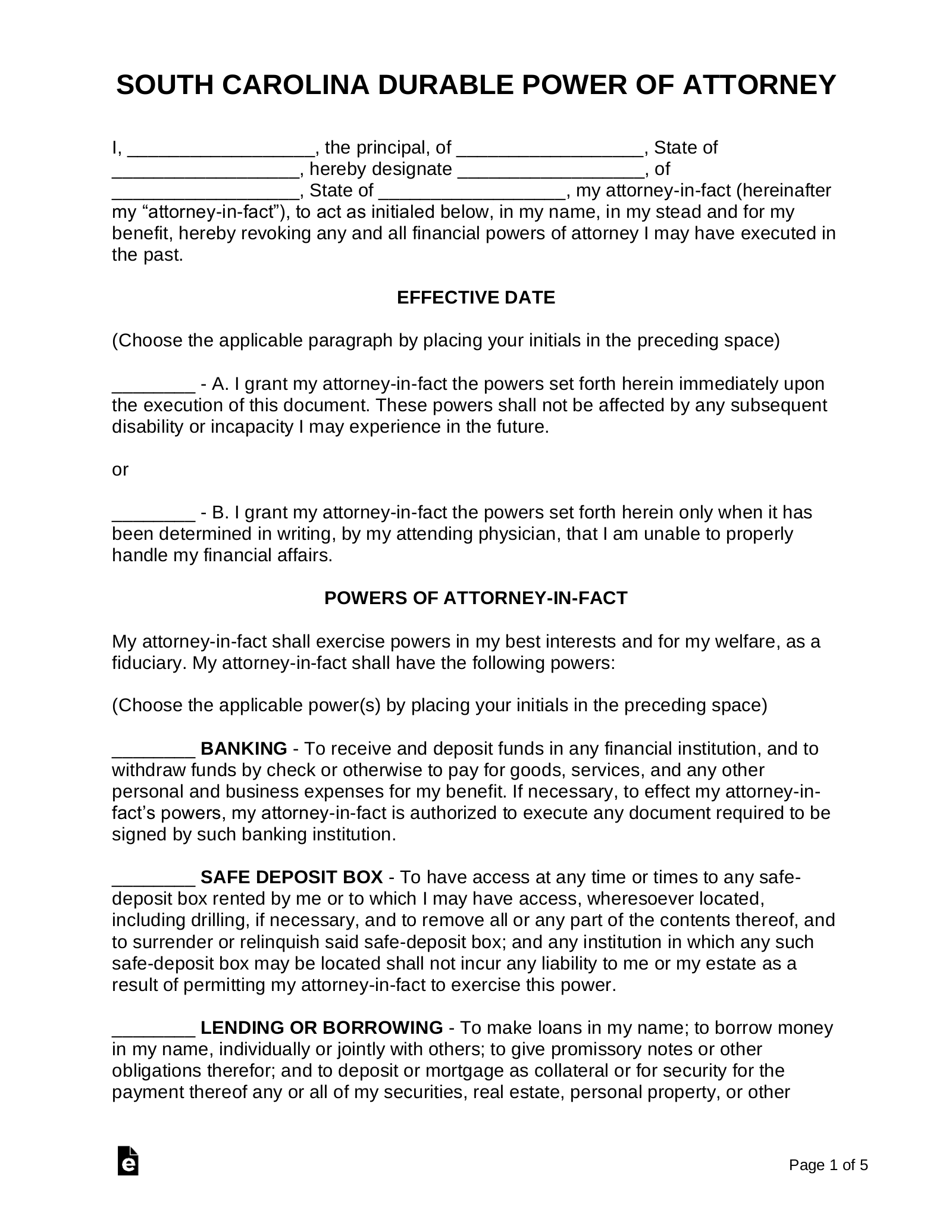 Free South Carolina Power Of Attorney Forms 10 Types PDF Word EForms