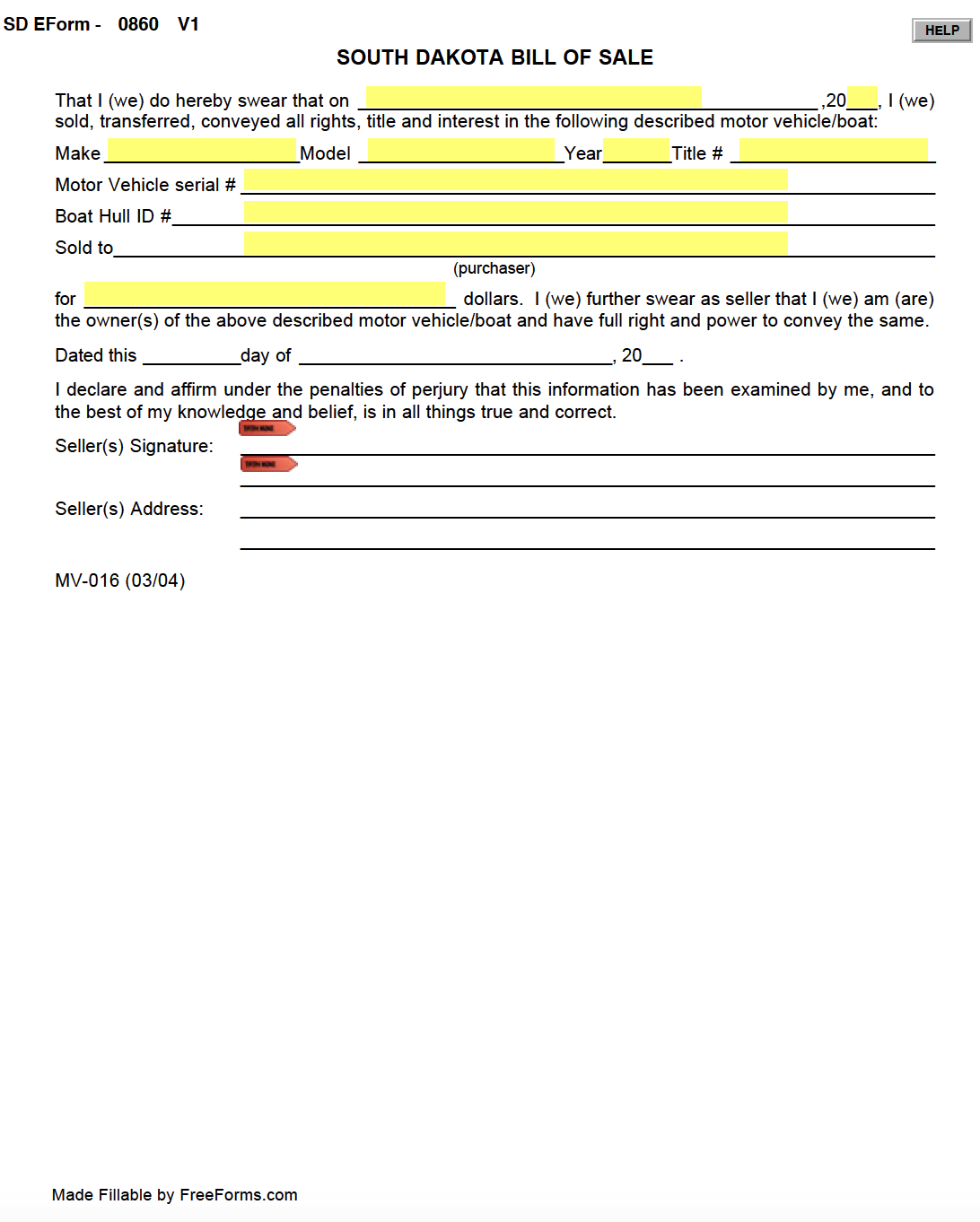 Free South Dakota Bill Of Sale Forms PDF