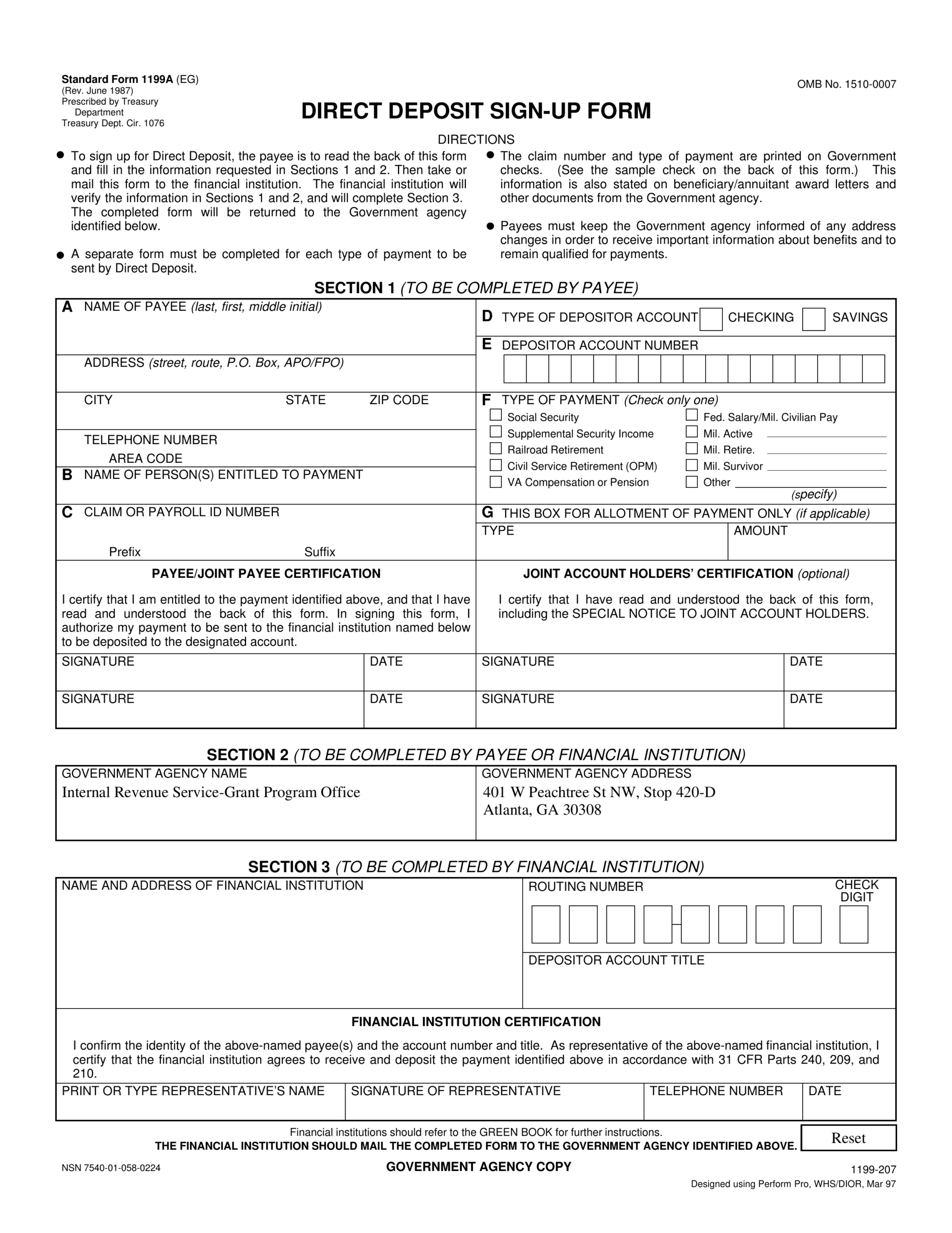 Free Standard Direct Deposit Authorization Form Federal 1199A 