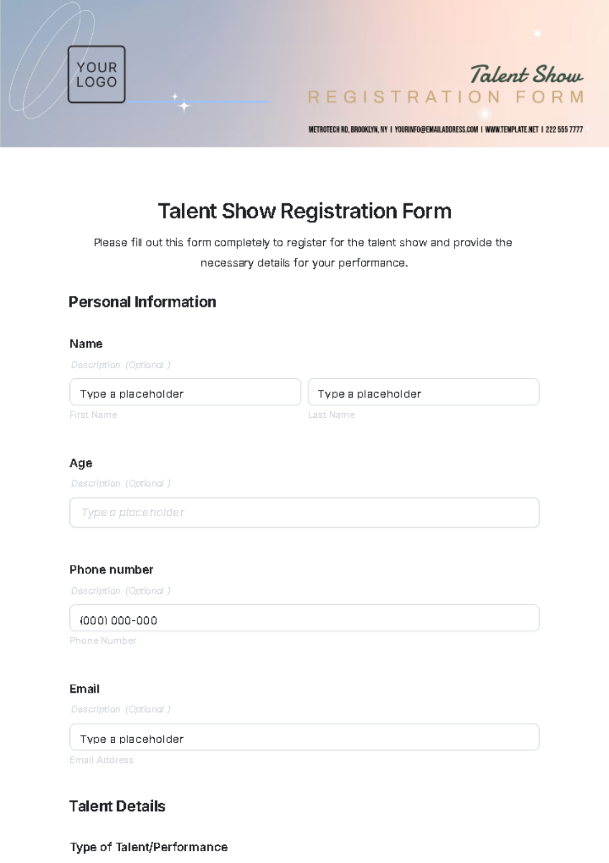 Free Talent Show Registration Form Template To Edit Online