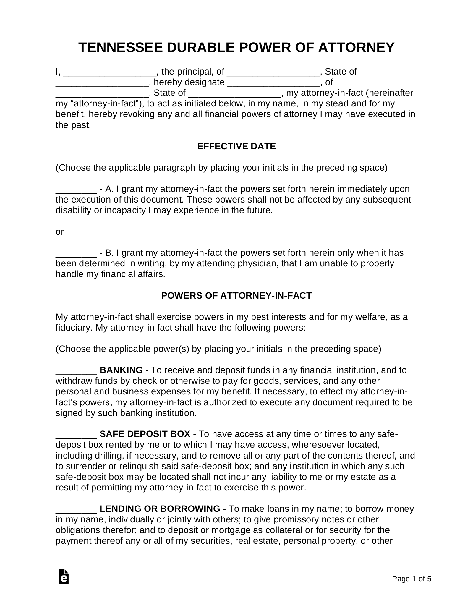 Free Tennessee Power Of Attorney Forms 10 Types PDF Word EForms