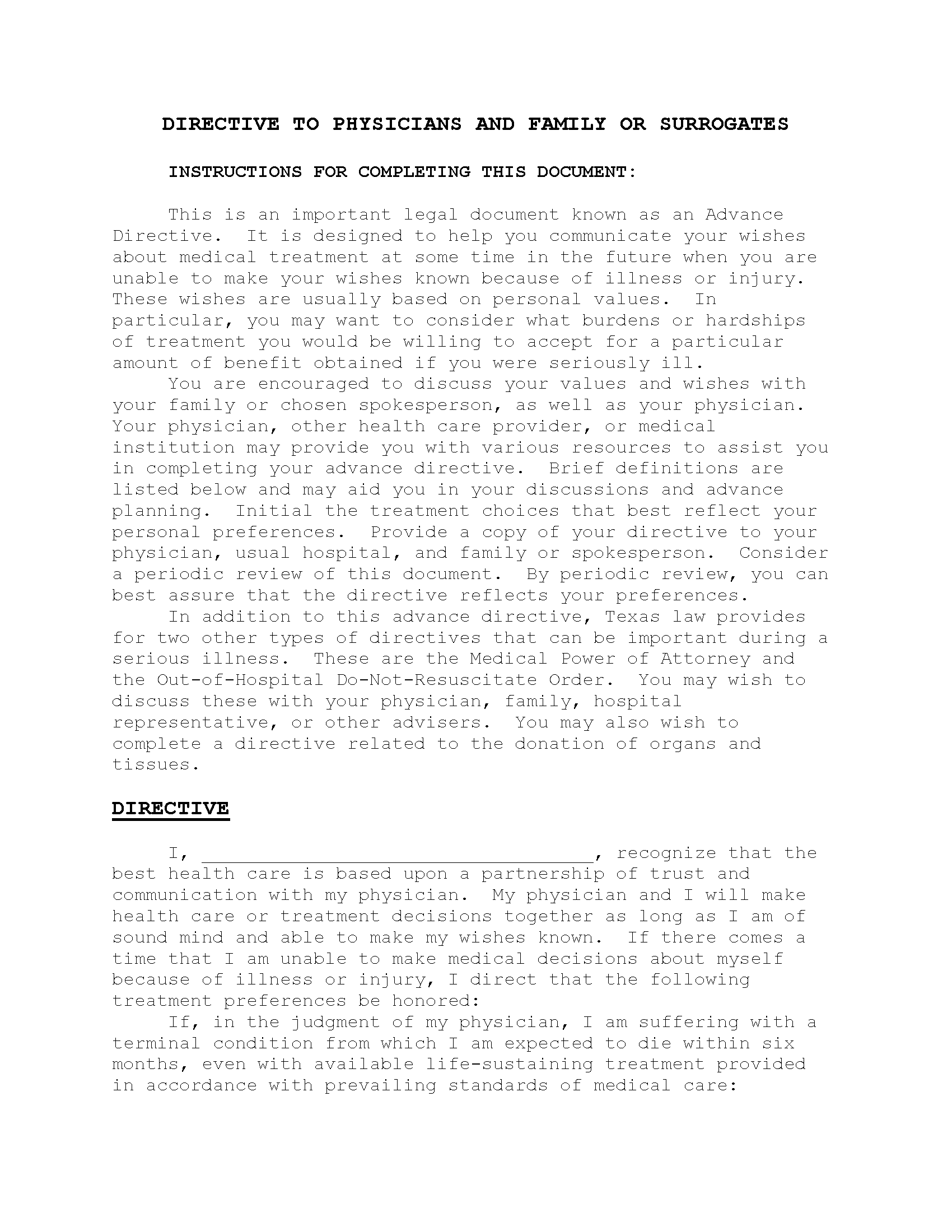 Free Texas Advance Directive Form PDF EForms