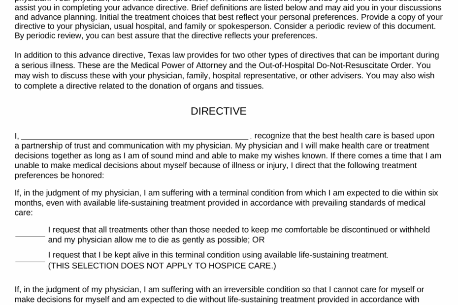 Free Texas Advance Directive Form PDF EForms