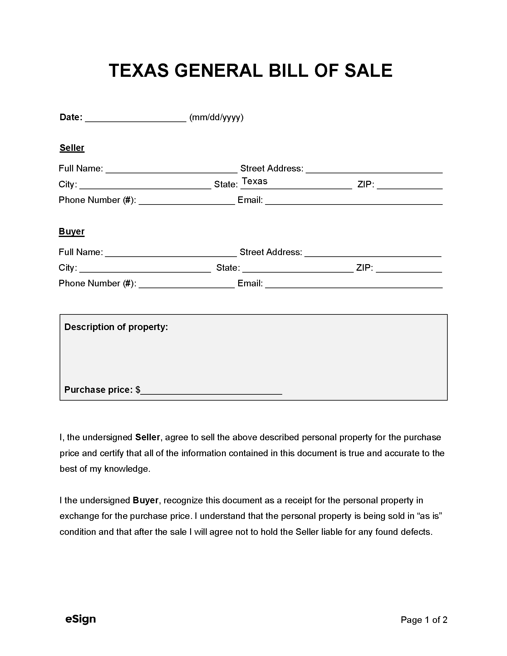 Free Texas General Bill Of Sale Form PDF Word