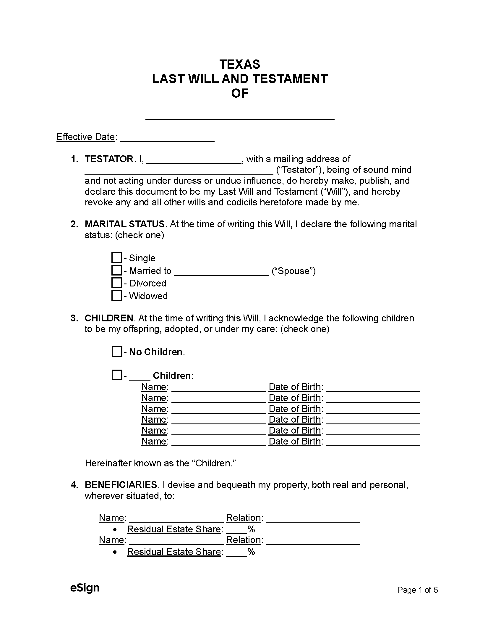 Free Texas Last Will And Testament Template PDF Word