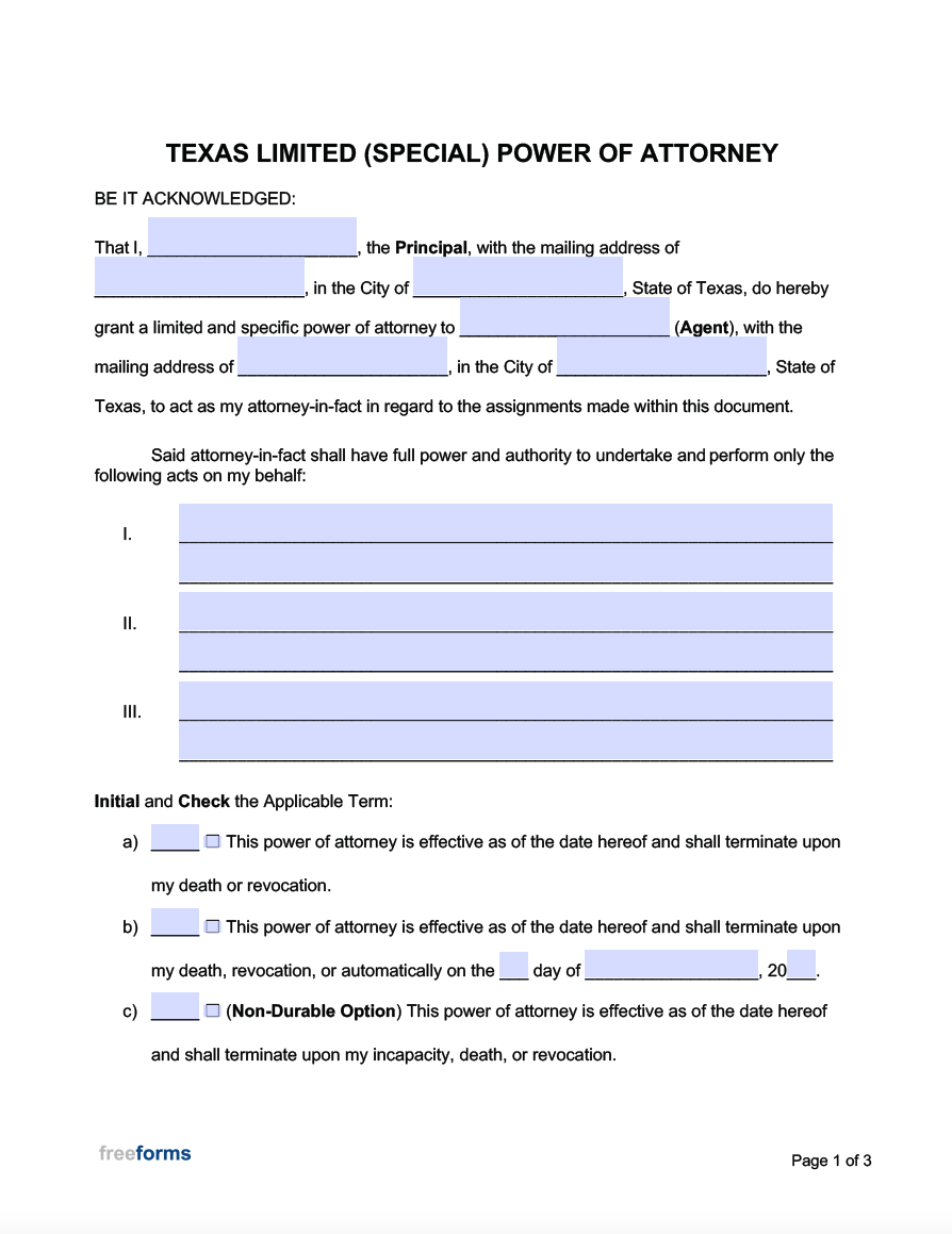 Free Texas Limited Special Power Of Attorney Form PDF Word
