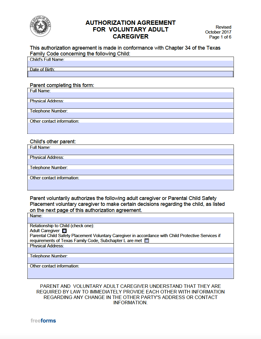 Free Texas Minor Child Power Of Attorney Form PDF