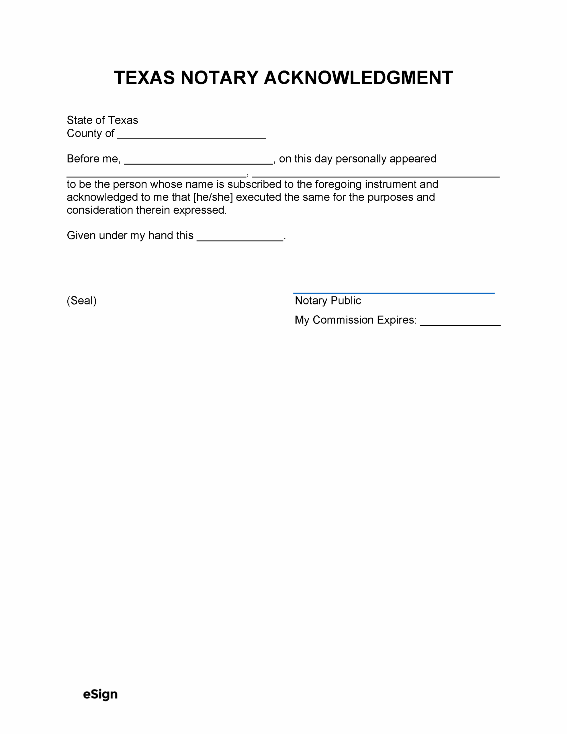 Free Texas Notary Acknowledgment Form PDF Word