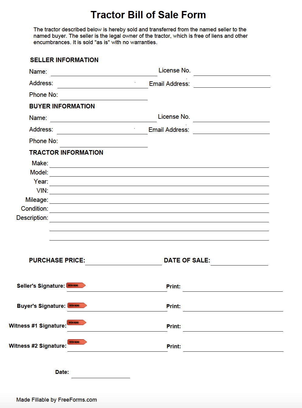 Free Tractor Bill Of Sale Form PDF