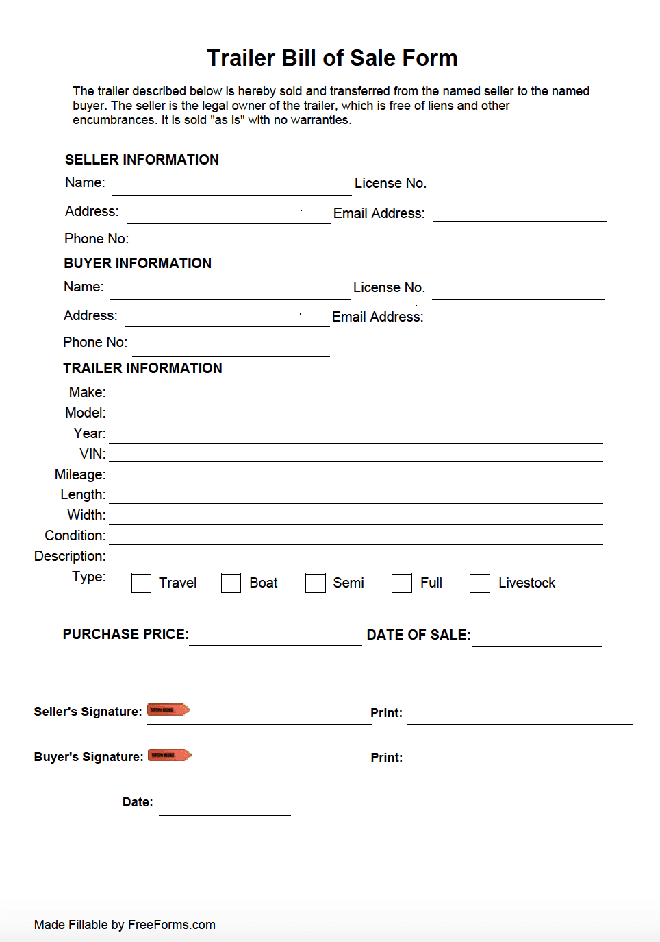 Free Trailer Bill Of Sale Form PDF