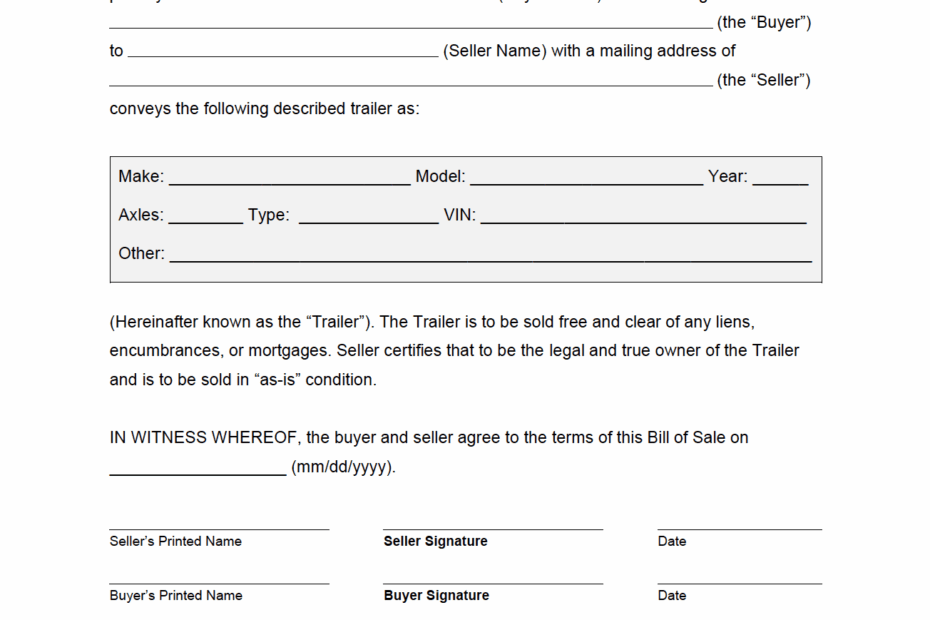 Free Trailer Bill Of Sale Form PDF Word