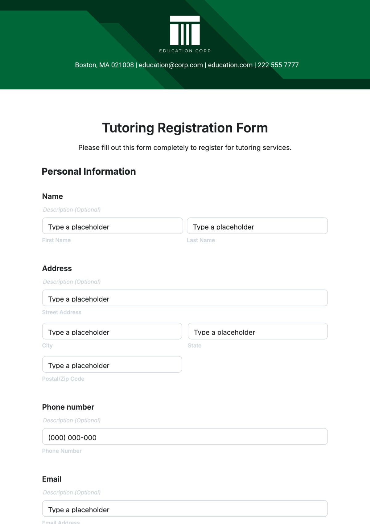 Free Tutoring Registration Form Template To Edit Online