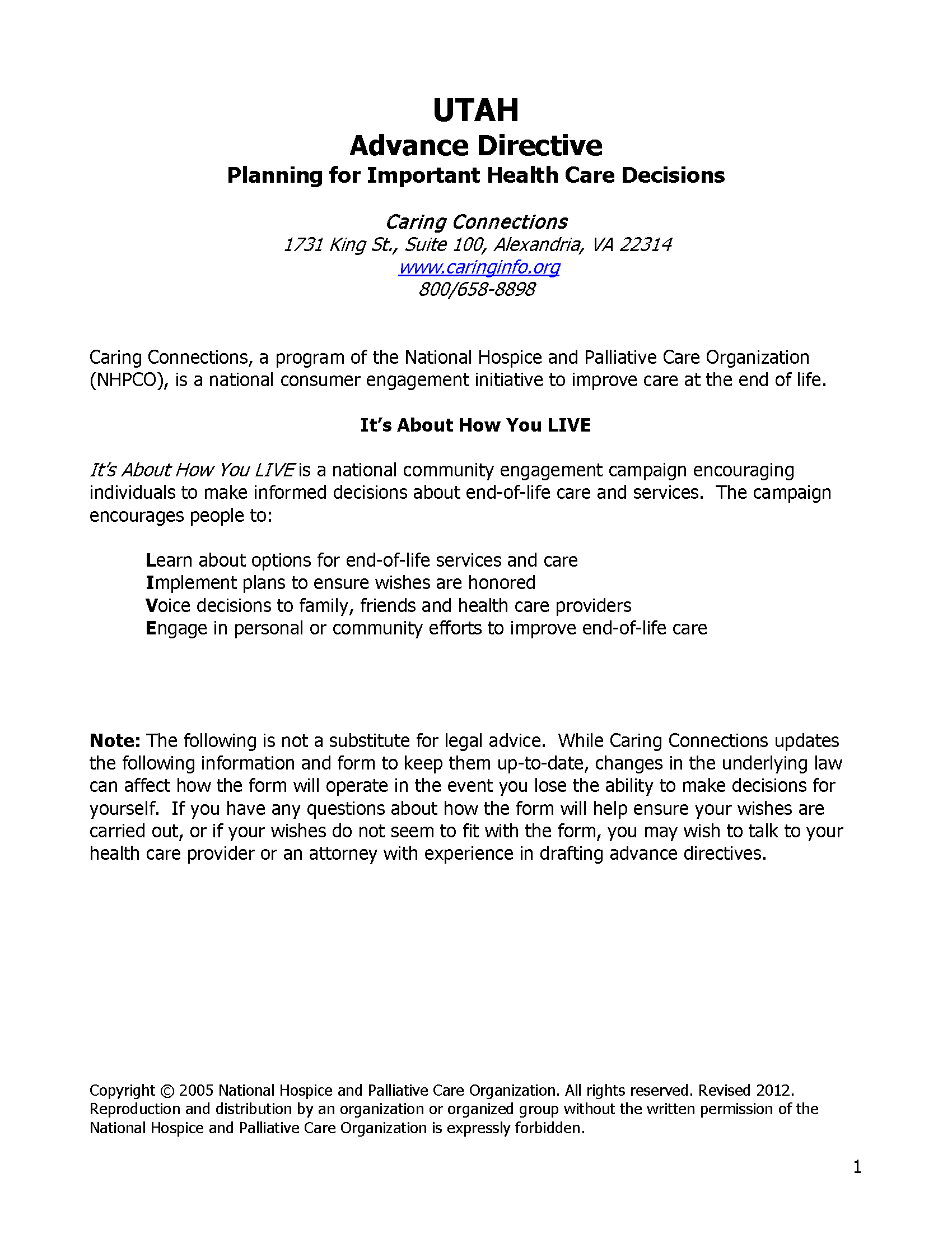 Free Utah Advance Directive Form Medical POA Living Will PDF