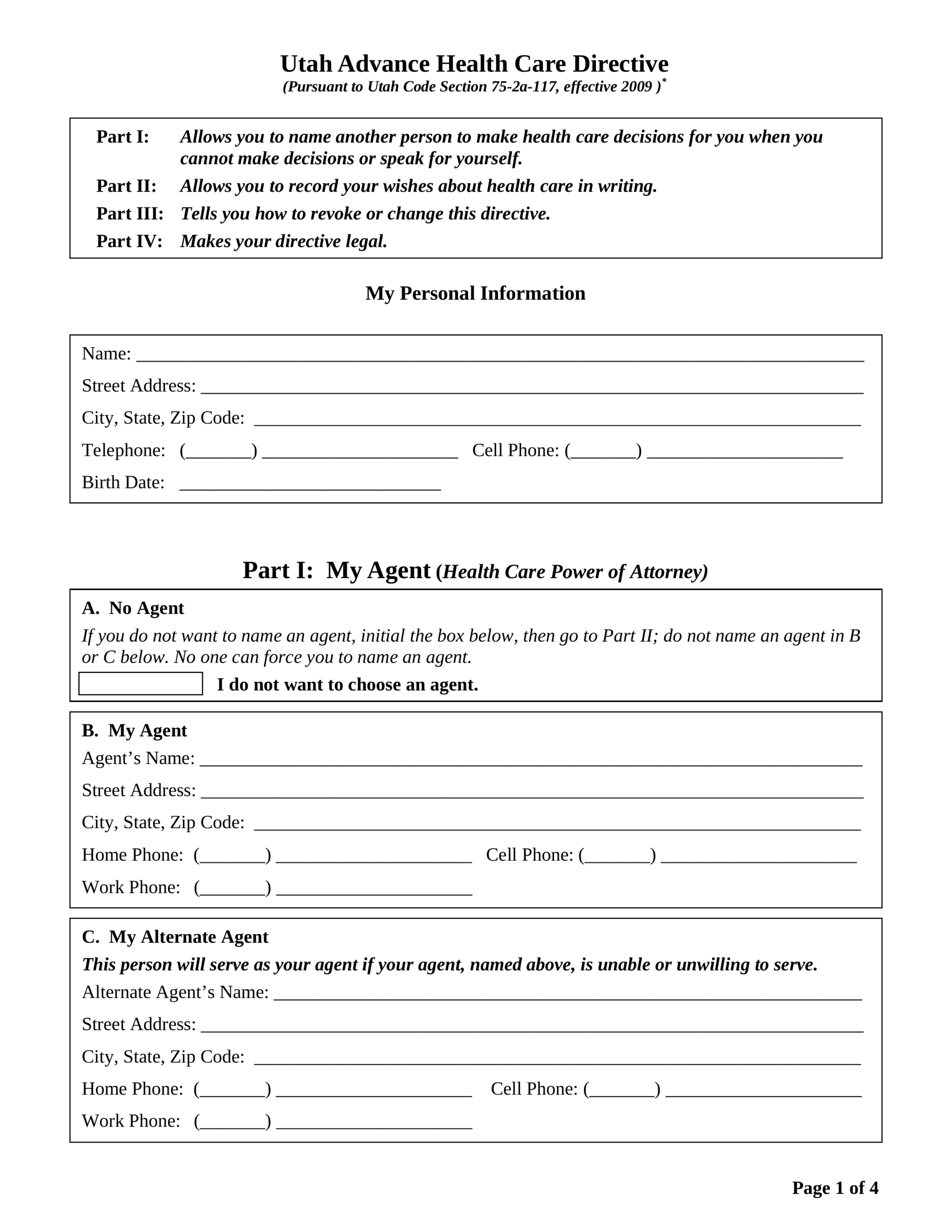 Free Utah Advance Directive Form Template PDF EForms