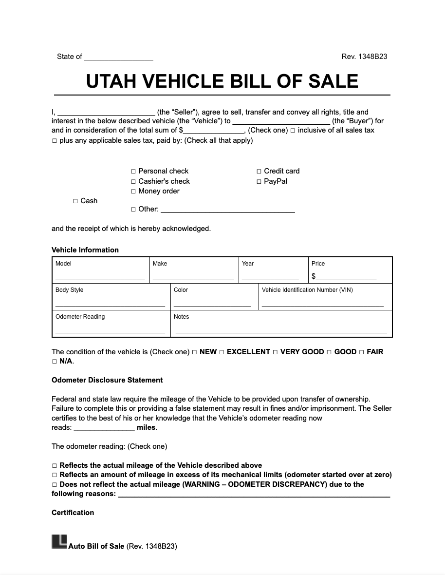 Free Utah Motor Vehicle Bill Of Sale Form PDF U0026 Word