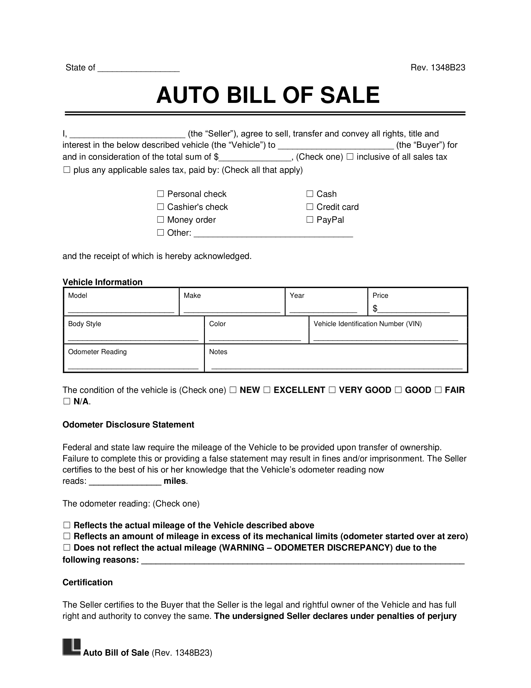 Free Vehicle Bill Of Sale Template PDF U0026 Word