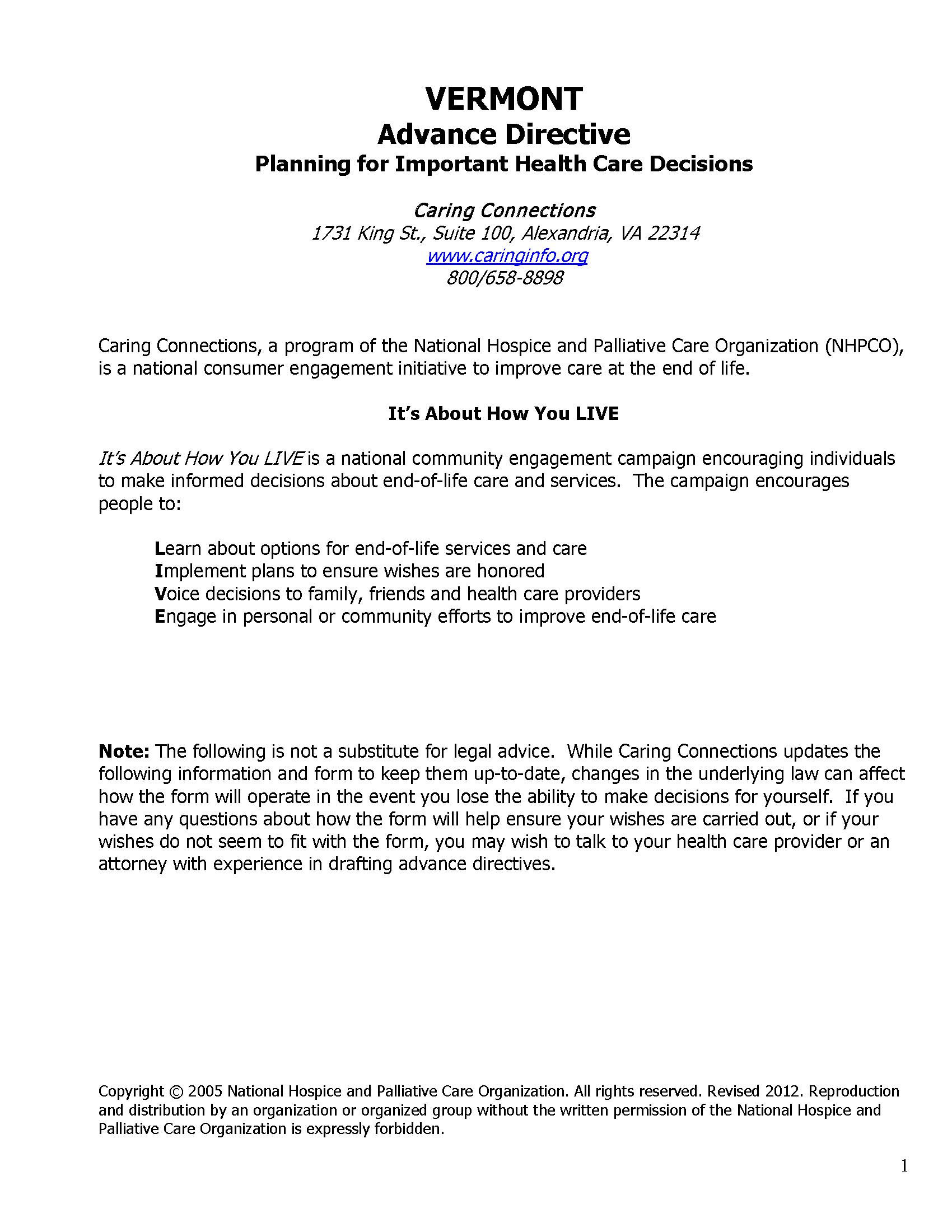 Free Vermont Advance Directive Form Medical POA Living Will PDF