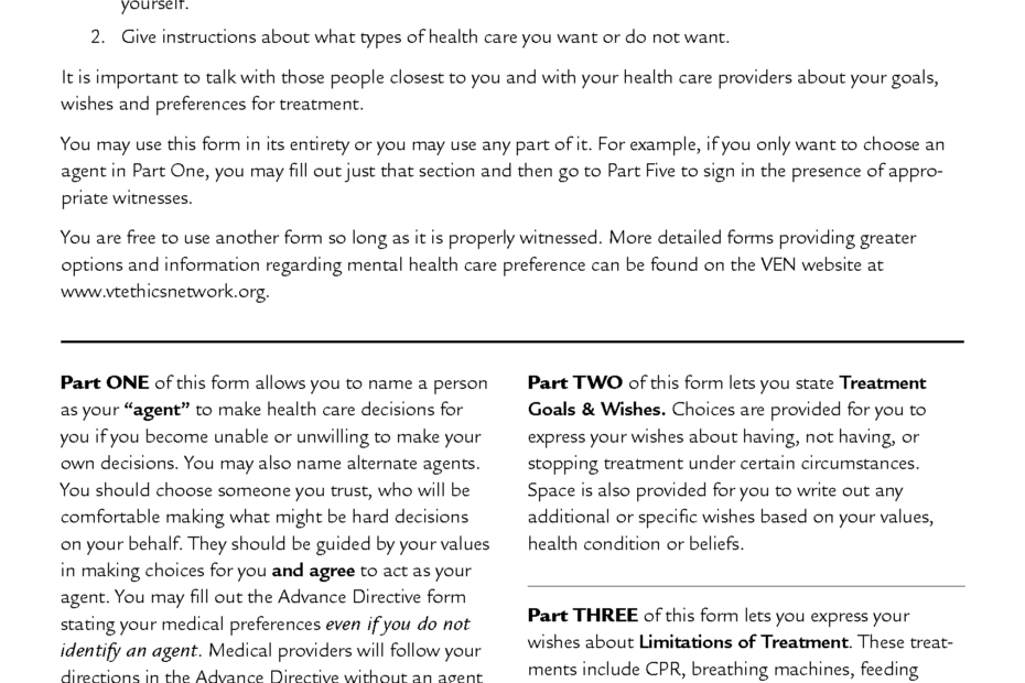 Free Vermont Advance Directive Form Template PDF EForms